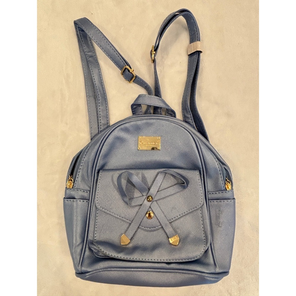 Ihayner Mini Backpack Blue Faux Leather Bow Detail Gold Hardware Small Bookbag